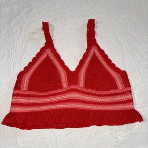 Madden NYC Red Pink Crochet Knit Ruffle Hem Crop Top L Boho Festival Women Shirt